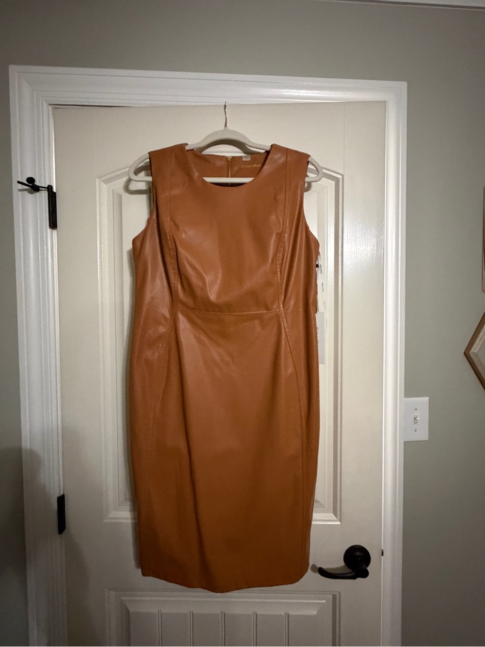 Calvin Klein Faux Leather Sheath Dress in Tan Cognac